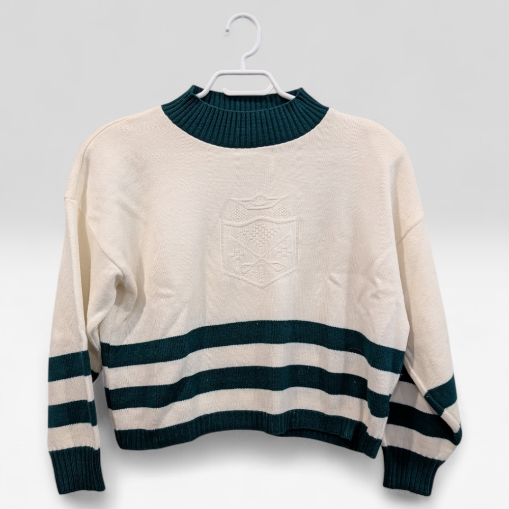 Vintage Cropped Knit Sweater | Crest Detail | Green & Cream